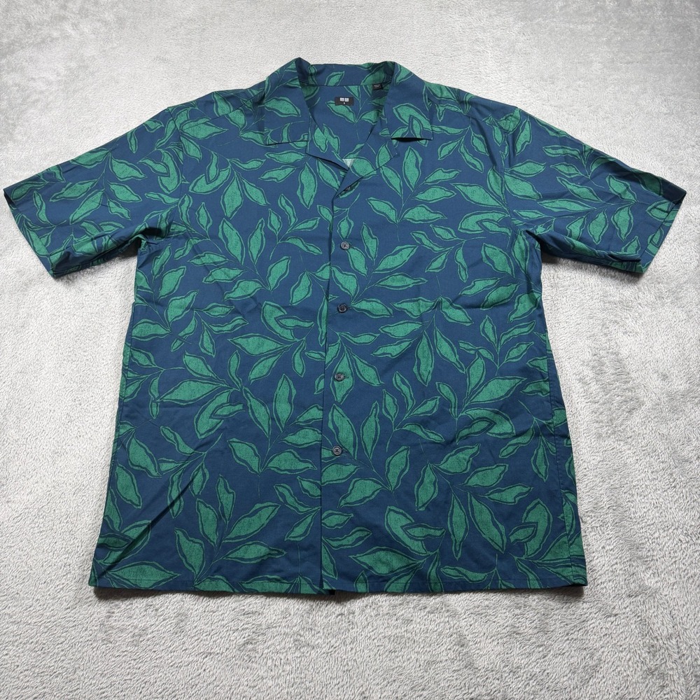 Uniqlo Camp Collar Shirt Mens Small Blue Green Leaf Print Modal Cotton 467120
